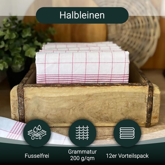 ZOLLNER 12er Set Geschirrtücher Halbleinen in 50x70 cm - super saugstarke und fusselfreie Küchentücher – waschbar bis 95°C – in rot weiß kariert - Gastronomiequalität - Oeko Tex® Zertifiziert