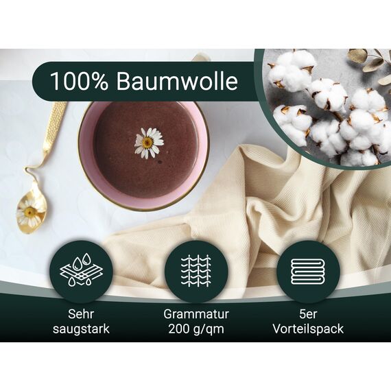 ZOLLNER 5er Set Geschirrtücher Baumwolle in 50x70 cm - super saugstarke und robuste Küchentücher - waschbar bis 60°C – in beige - Gastronomiequalität - Oeko Tex® Zertifiziert