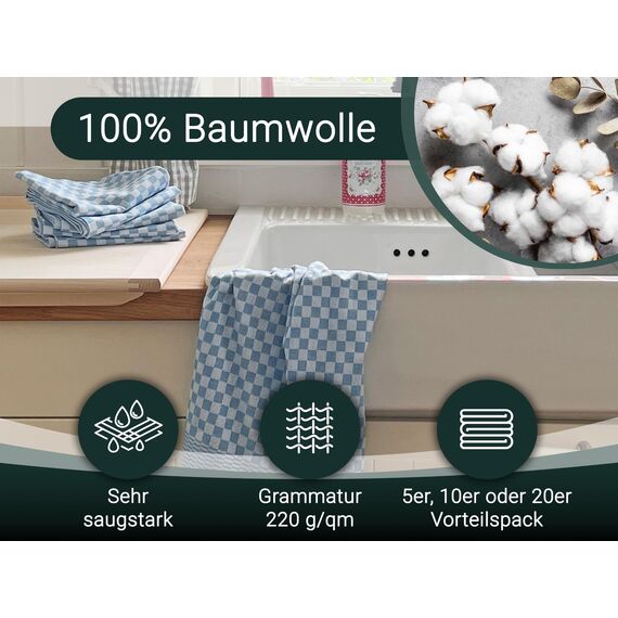 ZOLLNER 10er Set Geschirrtücher Baumwolle in 46x70 cm - super saugstarke und robuste Küchentücher – waschbar bis 60°C – in blau kariert - Gastronomiequalität - Oeko Tex® Zertifiziert