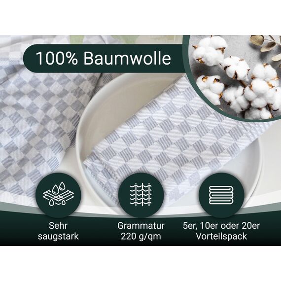 ZOLLNER 10er Set Geschirrtücher Baumwolle in 46x70 cm - super saugstarke und robuste Küchentücher – waschbar bis 60°C – in grau kariert - Gastronomiequalität - Oeko Tex® Zertifiziert