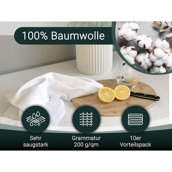 ZOLLNER 10er Set Geschirrtücher Baumwolle in 50x70 cm - super saugstarke und robuste Küchentücher - waschbar bis 60°C – in weiß - Gastronomiequalität - Oeko Tex® Zertifiziert