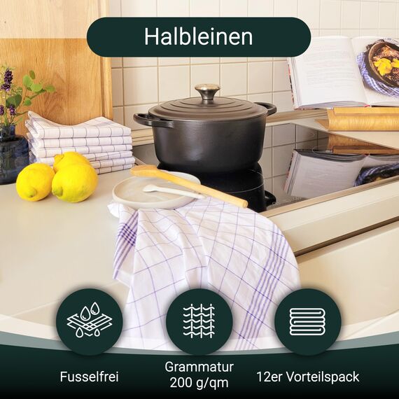 ZOLLNER 12er Set Geschirrtücher Halbleinen in 50x70 cm - super saugstarke und fusselfreie Küchentücher – waschbar bis 95°C – in blau weiß kariert - Gastronomiequalität - Oeko Tex® Zertifiziert