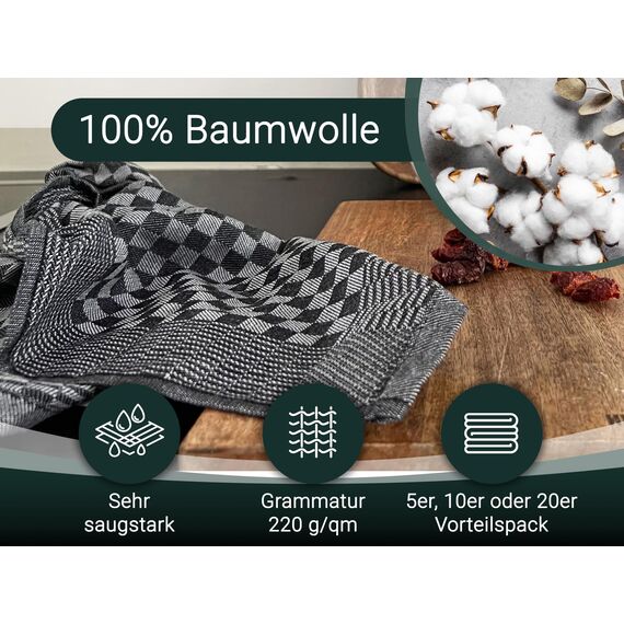 ZOLLNER 10er Set Geschirrtücher Baumwolle in 46x70 cm - super saugstarke und robuste Küchentücher – waschbar bis 60°C – in schwarz kariert - Gastronomiequalität - Oeko Tex® Zertifiziert
