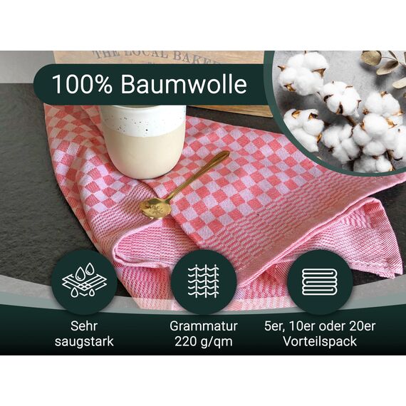 ZOLLNER 20er Set Geschirrtücher Baumwolle in 46x70 cm - super saugstarke und robuste Küchentücher – waschbar bis 60°C – in rot kariert - Gastronomiequalität - Oeko Tex® Zertifiziert