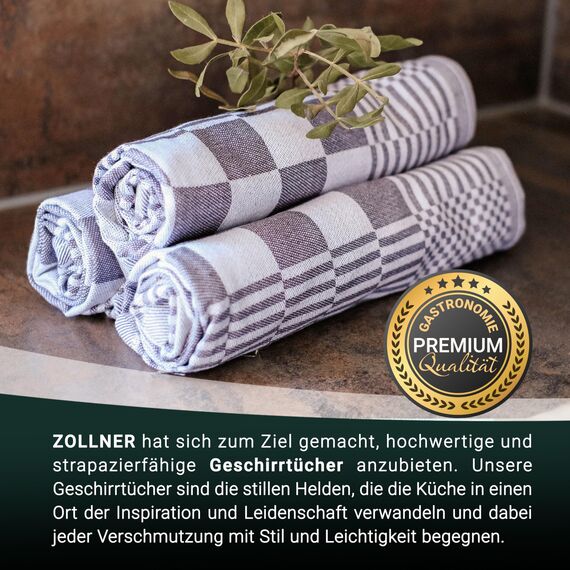 ZOLLNER 12er Set Geschirrtücher Baumwolle in 65x65 cm - extrem saugstarke und robuste Küchentücher - waschbar bis 60°C – in grau kariert - Gastronomiequalität - Oeko Tex® Zertifiziert