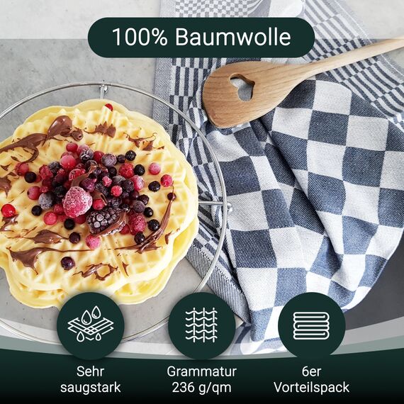 ZOLLNER 6er Set Geschirrtücher Baumwolle in 65x65 cm - extrem saugstarke und robuste Küchentücher - waschbar bis 60°C – in blau kariert - Gastronomiequalität - Oeko Tex® Zertifiziert
