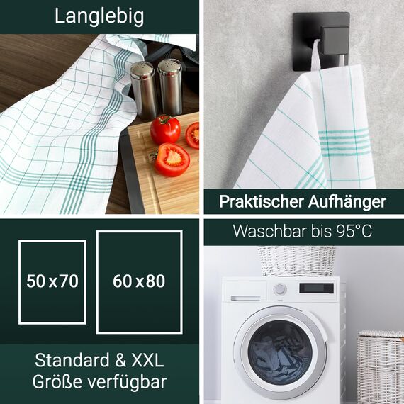 ZOLLNER 12er Set Geschirrtücher Halbleinen in 50x70 cm - super saugstarke und fusselfreie Küchentücher – waschbar bis 95°C – in grün weiß kariert - Gastronomiequalität - Oeko Tex® Zertifiziert