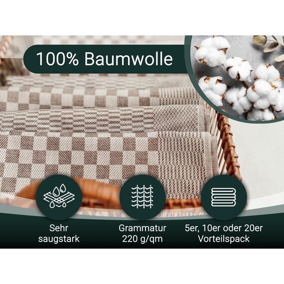 ZOLLNER 20er Set Geschirrtücher Baumwolle in 46x70 cm - super saugstarke und robuste Küchentücher – waschbar bis 60°C – in braun kariert - Gastronomiequalität - Oeko Tex® Zertifiziert