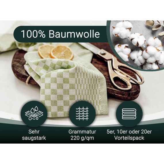 ZOLLNER 20er Set Geschirrtücher Baumwolle in 46x70 cm - super saugstarke und robuste Küchentücher – waschbar bis 60°C – in grün kariert - Gastronomiequalität - Oeko Tex® Zertifiziert