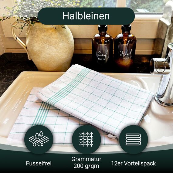 ZOLLNER 12er Set Geschirrtücher Halbleinen in 60x80 cm - super saugstarke und fusselfreie Küchentücher – waschbar bis 95°C – in grün weiß kariert - Gastronomiequalität - Oeko Tex® Zertifiziert