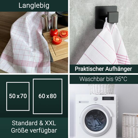 ZOLLNER 12er Set Geschirrtücher Halbleinen in 50x70 cm - super saugstarke und fusselfreie Küchentücher – waschbar bis 95°C – in rot weiß kariert - Gastronomiequalität - Oeko Tex® Zertifiziert