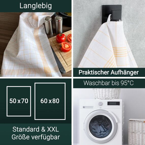 ZOLLNER 12er Set Geschirrtücher Halbleinen in 60x80 cm - super saugstarke und fusselfreie Küchentücher – waschbar bis 95°C – in gelb weiß kariert - Gastronomiequalität - Oeko Tex® Zertifiziert