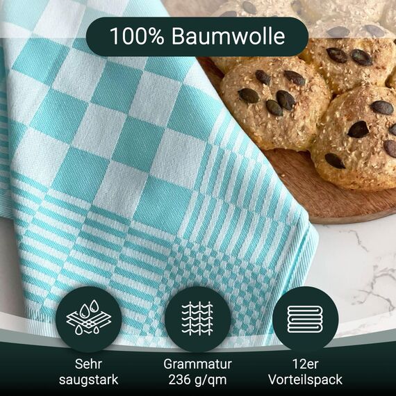 ZOLLNER 12er Set Geschirrtücher Baumwolle in 65x65 cm - extrem saugstarke und robuste Küchentücher - waschbar bis 60°C – in Mint kariert - Gastronomiequalität - Oeko Tex® Zertifiziert