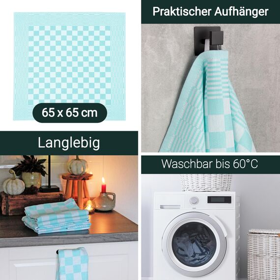 ZOLLNER 6er Set Geschirrtücher Baumwolle in 65x65 cm - extrem saugstarke und robuste Küchentücher - waschbar bis 60°C – in Mint kariert - Gastronomiequalität - Oeko Tex® Zertifiziert