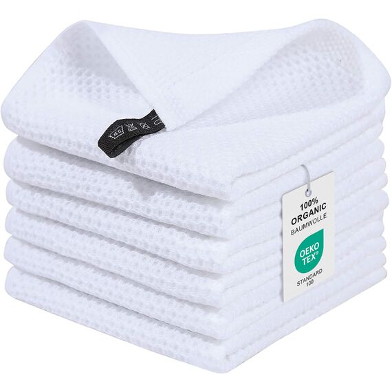 Moosfor Geschirrtücher 100% Baumwolle, 6er Set 30 x 30 cm, Weiche Geschirrhandtücher Küchenhandtücher Saugfähig Küchentücher Dicke Premium Geschirrtuch Spüllappen Putzlappen, Weiß