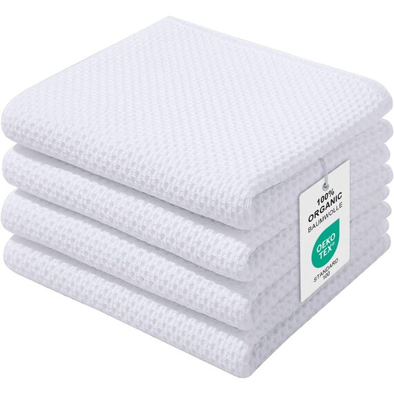 Moosfor Geschirrtücher 100% Baumwolle, 4er Set 32 x 72 cm, Weiche Geschirrhandtücher Küchenhandtücher Saugfähig Küchentücher Dicke Premium Geschirrtuch Spüllappen Putzlappen, Weiß