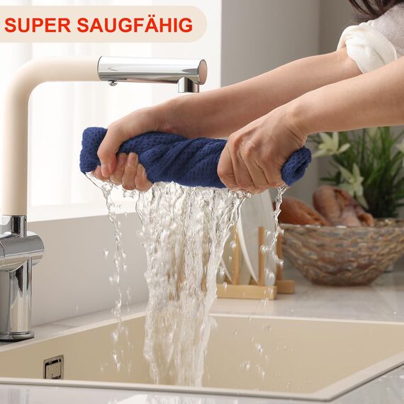 Moosfor Geschirrtücher 100% Baumwolle, 4er Set 32 x 72 cm, Weiche Geschirrhandtücher Küchenhandtücher Saugfähig Küchentücher Dicke Premium Geschirrtuch Spüllappen Putzlappen, Marine Blau