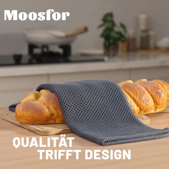 Moosfor Geschirrtücher 100% Baumwolle, 4er Set 32 x 72 cm, Weiche Geschirrhandtücher Küchenhandtücher Saugfähig Küchentücher Dicke Premium Geschirrtuch Spüllappen Putzlappen, Dunkelgrau