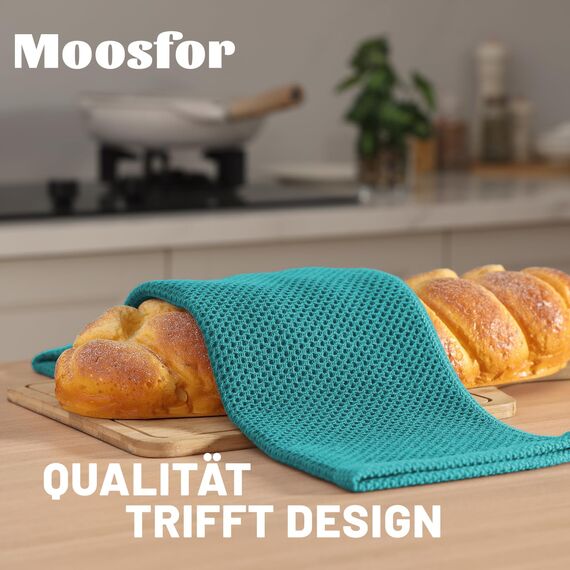 Moosfor Geschirrtücher 100% Baumwolle, 4er Set 32 x 72 cm, Weiche Geschirrhandtücher Küchenhandtücher Saugfähig Küchentücher Dicke Premium Geschirrtuch Spüllappen Putzlappen, Blaugrün