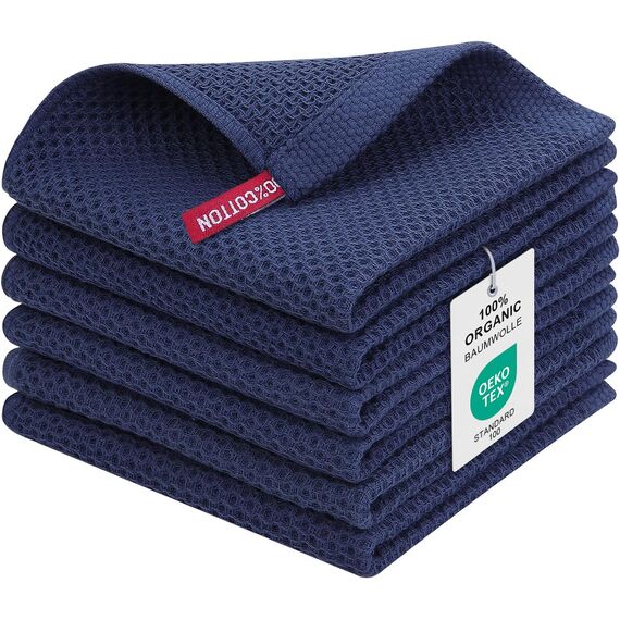 Moosfor Geschirrtücher 100% Baumwolle, 6er Set 30 x 30 cm, Weiche Geschirrhandtücher Küchenhandtücher Saugfähig Küchentücher Dicke Premium Geschirrtuch Spüllappen Putzlappen, Marine Blau