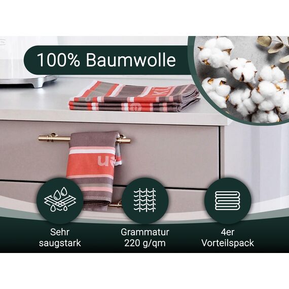 ZOLLNER 4er Set Geschirrtücher Baumwolle in 50x70 cm - saugstarke und langlebige Küchentücher - waschbar bis 60°C – in rot gestreift - Gastronomiequalität - Oeko Tex® Zertifiziert