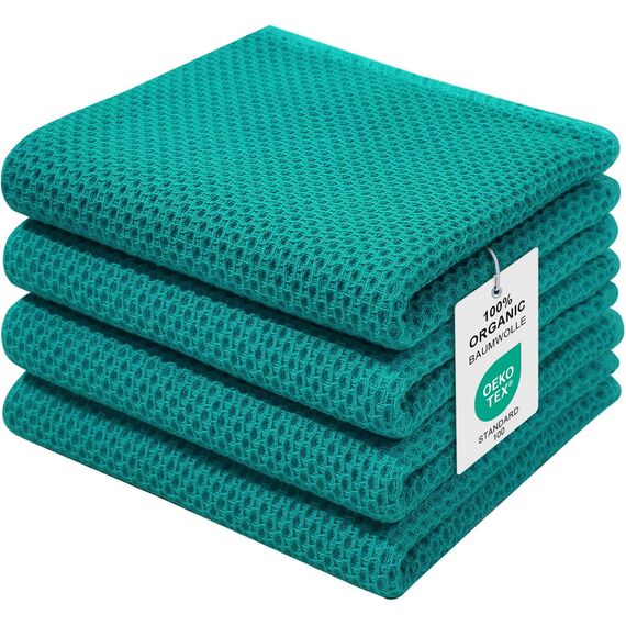 Moosfor Geschirrtücher 100% Baumwolle, 4er Set 32 x 72 cm, Weiche Geschirrhandtücher Küchenhandtücher Saugfähig Küchentücher Dicke Premium Geschirrtuch Spüllappen Putzlappen, Blaugrün