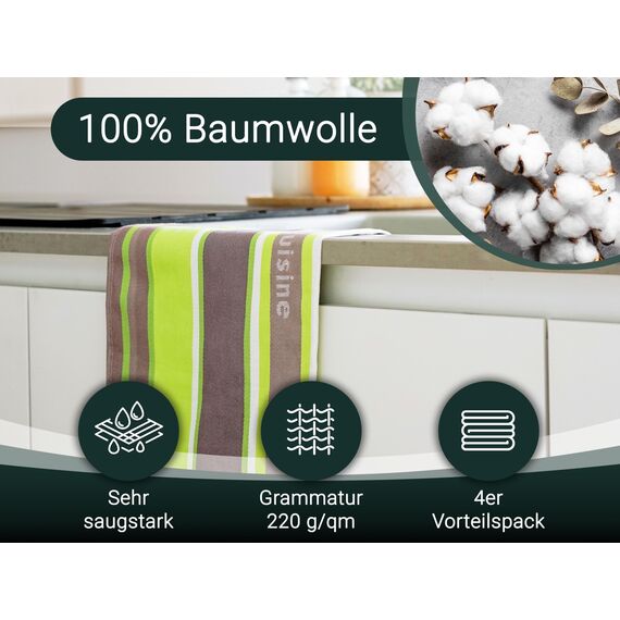 ZOLLNER 4er Set Geschirrtücher Baumwolle in 50x70 cm - saugstarke und langlebige Küchentücher - waschbar bis 60°C – in grün gestreift - Gastronomiequalität - Oeko Tex® Zertifiziert