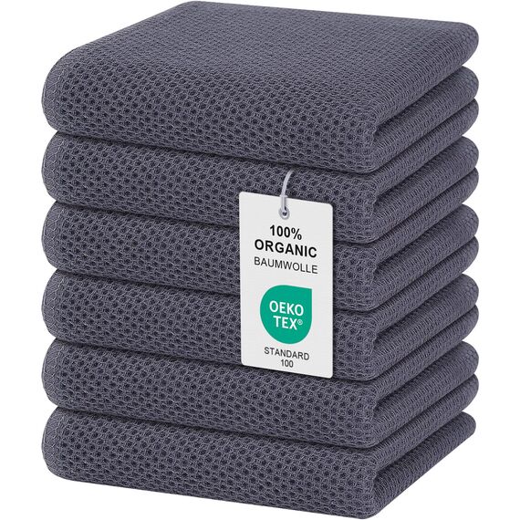 Moosfor Geschirrtücher 100% Baumwolle, 6er Set 32 x 72 cm, Weiche Geschirrhandtücher Küchenhandtücher Saugfähig Küchentücher Dicke Premium Geschirrtuch Spüllappen Putzlappen, Dunkelgrau