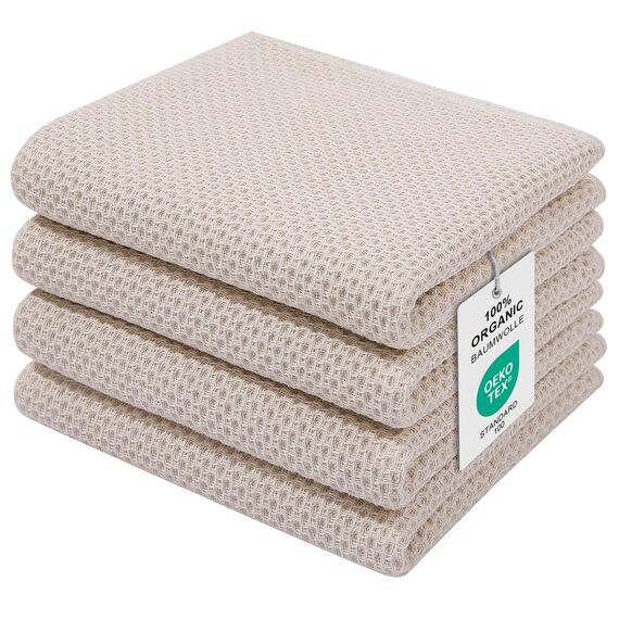 Moosfor Geschirrtücher 100% Baumwolle, 4er Set 32 x 72 cm, Weiche Geschirrhandtücher Küchenhandtücher Saugfähig Küchentücher Dicke Premium Geschirrtuch Spüllappen Putzlappen, Beige