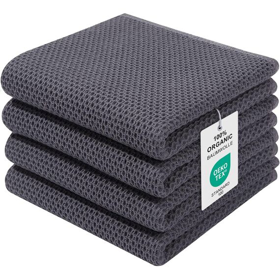 Moosfor Geschirrtücher 100% Baumwolle, 4er Set 32 x 72 cm, Weiche Geschirrhandtücher Küchenhandtücher Saugfähig Küchentücher Dicke Premium Geschirrtuch Spüllappen Putzlappen, Dunkelgrau