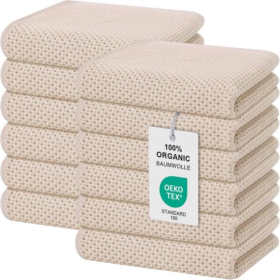 Moosfor Geschirrtücher 100% Baumwolle, 12er Set 32 x 72 cm, Weiche Geschirrhandtücher Küchenhandtücher Saugfähig Küchentücher Dicke Premium Geschirrtuch Spüllappen Putzlappen, Beige