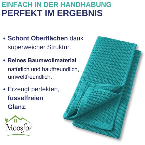 Moosfor Geschirrtücher 100% Baumwolle, 4er Set 32 x 72 cm, Weiche Geschirrhandtücher Küchenhandtücher Saugfähig Küchentücher Dicke Premium Geschirrtuch Spüllappen Putzlappen, Blaugrün