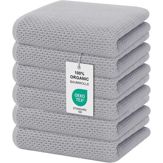 Moosfor Geschirrtücher 100% Baumwolle, 6er Set 32 x 72 cm, Weiche Geschirrhandtücher Küchenhandtücher Saugfähig Küchentücher Dicke Premium Geschirrtuch Spüllappen Putzlappen, Hellgrau