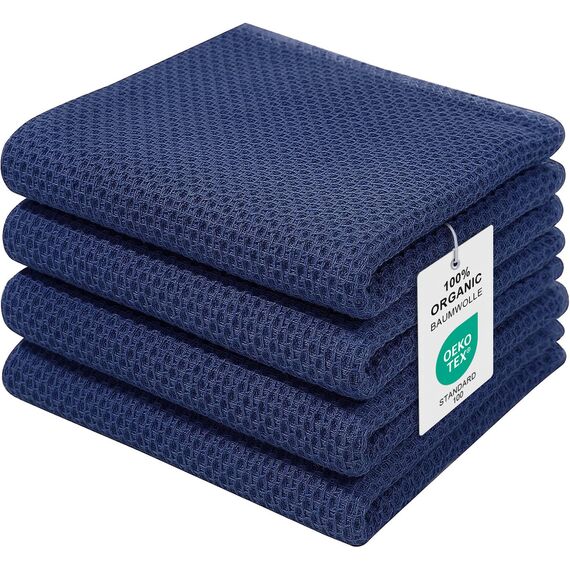 Moosfor Geschirrtücher 100% Baumwolle, 4er Set 32 x 72 cm, Weiche Geschirrhandtücher Küchenhandtücher Saugfähig Küchentücher Dicke Premium Geschirrtuch Spüllappen Putzlappen, Marine Blau