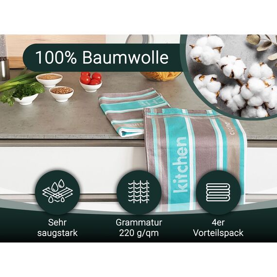 ZOLLNER 4er Set Geschirrtücher Baumwolle in 50x70 cm - saugstarke und langlebige Küchentücher - waschbar bis 60°C – in Mint gestreift - Gastronomiequalität - Oeko Tex® Zertifiziert