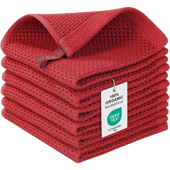 Moosfor Geschirrtücher 100% Baumwolle, 6er Set 30 x 30 cm, Weiche Geschirrhandtücher Küchenhandtücher Saugfähig Küchentücher Dicke Premium Geschirrtuch Spüllappen Putzlappen, Rot