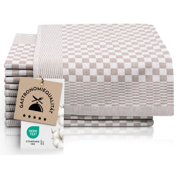 ZOLLNER 10er Set Geschirrtücher Baumwolle in 46x70 cm - super saugstarke und robuste Küchentücher – waschbar bis 60°C – in braun kariert - Gastronomiequalität - Oeko Tex® Zertifiziert