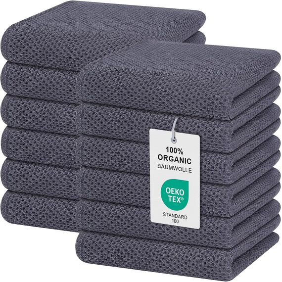Moosfor Geschirrtücher 100% Baumwolle, 12er Set 32 x 72 cm, Weiche Geschirrhandtücher Küchenhandtücher Saugfähig Küchentücher Dicke Premium Geschirrtuch Spüllappen Putzlappen, Dunkelgrau
