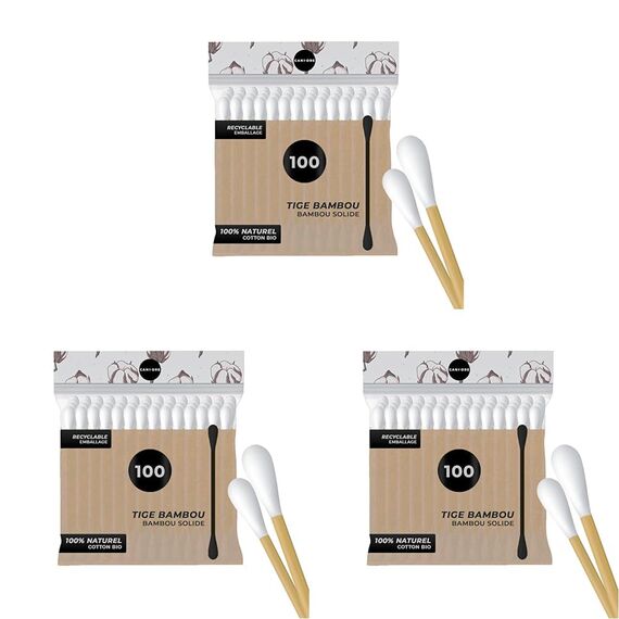 Wattestäbchen 100 – Candore – Stärkerer Bambusstab, weicher Baumwollkopf – Biologisch Abbaubar (Packung mit 3)