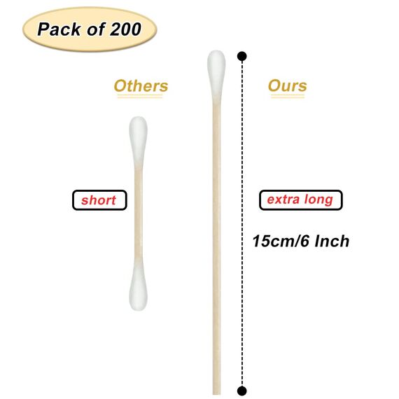 15 cm Lang Wattestäbchen,200 Stück Lang Ohrenstäbchen Reinigungsstäbchen Holz Großer Kopf für Make-up, Reinigung, Polieren, Augenbrauen, Beauty, Nägel