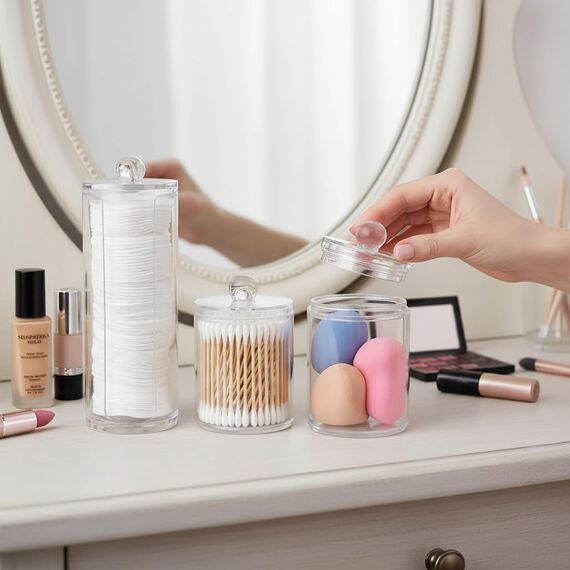 3er Set Kosmetik Organizer – Wattepads Spender & Wattestäbchen Behälter mit Deckel – Transparente Acryl Aufbewahrungsbox für Schminktisch, Badezimmer & Schlafzimmer – Make-up Aufbewahrungssystem