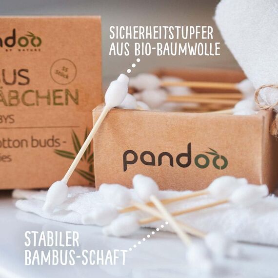 pandoo 4er Pack Bambus Wattestäbchen mit großem Sicherheitskopf (220 Stück) | Biologisch-Abbaubar, Vegan, Plastikfrei, Holzfrei & Nachhaltig | Ohrenstäbchen für Babys und Kinder
