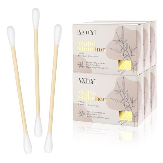 Vaily Bambus Wattestäbchen 1200er Pack - Nachhaltige Reinigungsstäbchen - Fusselfreie Ohrenstäbchen - Biologisch Abbaubar