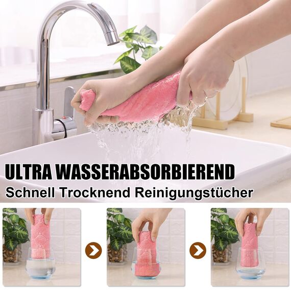 Moosfor Reinigungstücher Mikrofasertücher, Saugfähige Waschbar Putzlappen Mikrofaser Autopflege Poliertuch, Weiche Fusselfrei Geschirrtücher Küchentücher, 6 Stück, 30x30 cm, Rosa