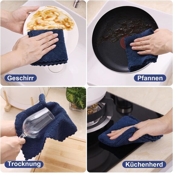 Moosfor Reinigungstücher Mikrofasertücher Waschbar Putzlappen Mikrofaser Weiche Fusselfrei Geschirrtücher Lappen Küchentücher, 12 Stück, 25x25 cm, Marine Blau