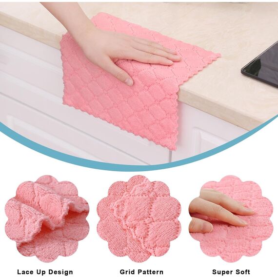 Moosfor Reinigungstücher Mikrofasertücher, Saugfähige Waschbar Putzlappen Mikrofaser Autopflege Poliertuch, Weiche Fusselfrei Geschirrtücher Küchentücher, 6 Stück, 30x30 cm, Rosa