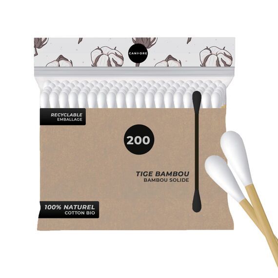 Wattestäbchen 200 – Candore – Stärkerer Bambusstab, weicher Baumwollkopf – Biologisch Abbaubar