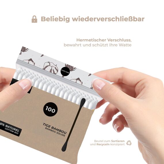 Wattestäbchen 100 – Candore – Stärkerer Bambusstab, weicher Baumwollkopf – Biologisch Abbaubar