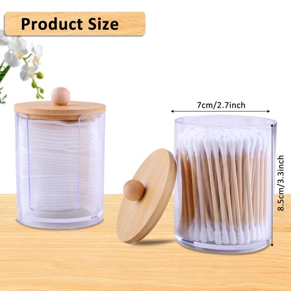 Vexillic Wattestäbchen Behälter, 4 Stück Wattepadspender Acryl Schminktisch Organizer Qtip Halter Spender mit Bambus Deckel für Wattebällchen, Wattestäbchen, Wattepads, Zahnseide