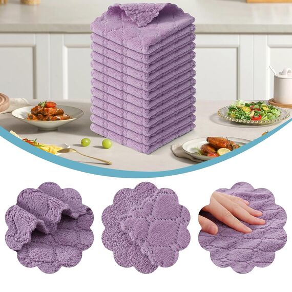 Moosfor Reinigungstücher Mikrofasertücher Waschbar Putzlappen Mikrofaser Weiche Fusselfrei Geschirrtücher Lappen Küchentücher, 12 Stück, 25x25 cm, Lila